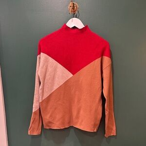 Tahari Red and Taupe Knit Mock Neck Sweater